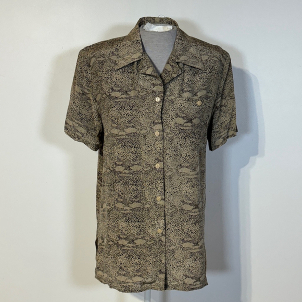 Vintage Silk Blouse Women’s Size 8 Brown Black Button Down Short Sleeve Pocket